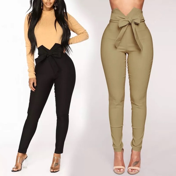 Tan High Waist Tie Belt Pants - Picture 4 of 5